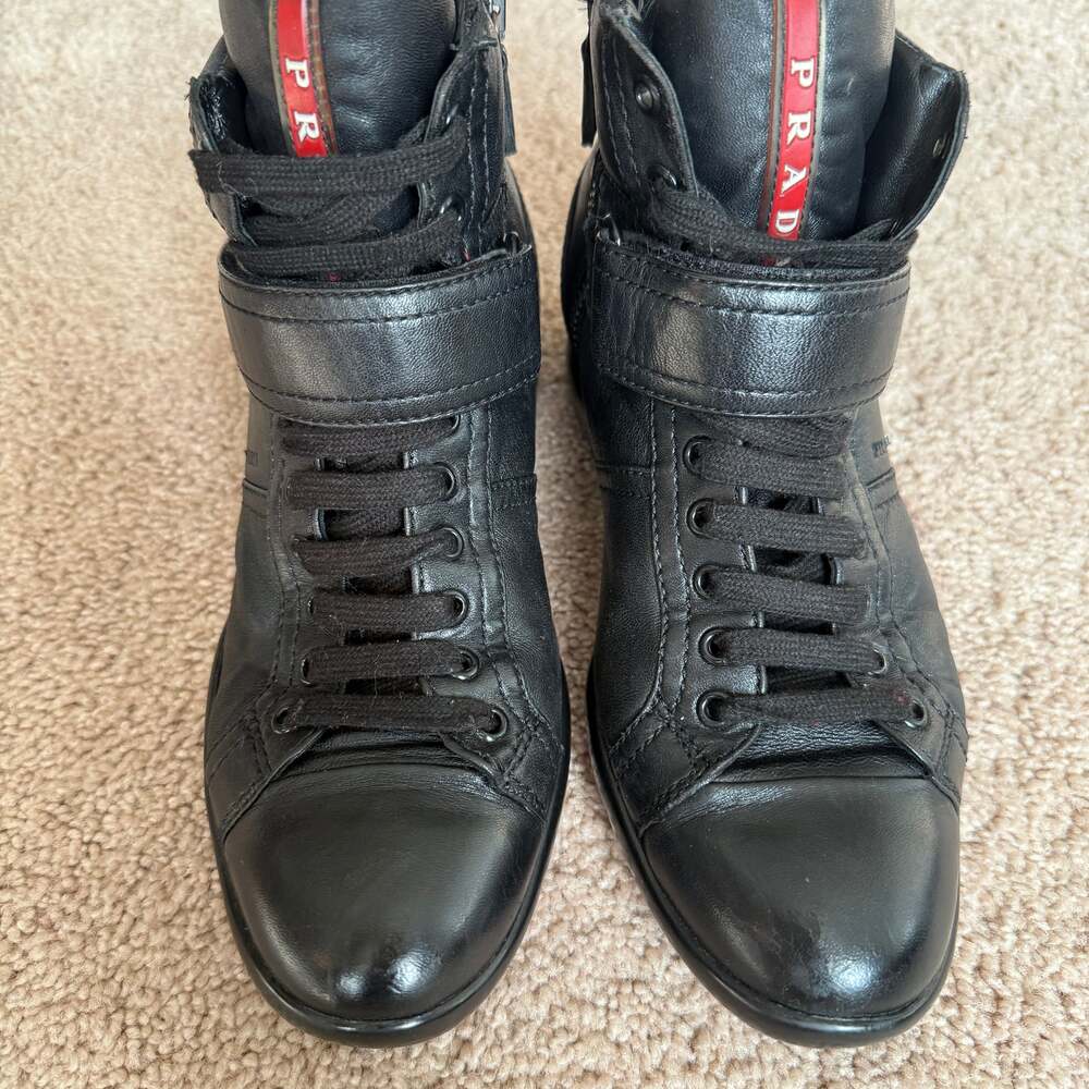 PRADA High-Top Black Soft Leather Sneakers Women’s Size 7 - Picture 9 of 10